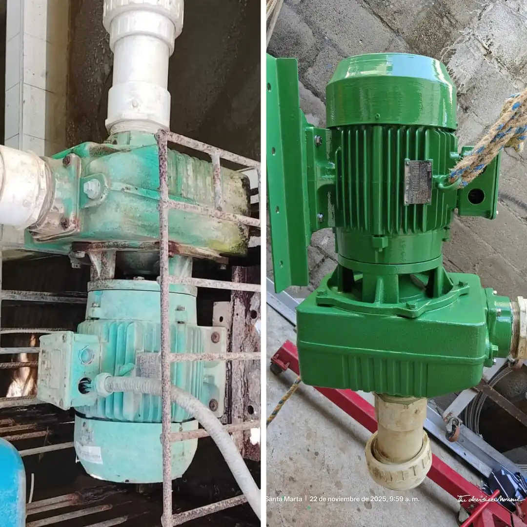 Restauración de motobomba industrial: comparativa entre equipo oxidado y equipo recuperado con pintura protectora verde y conexiones optimizadas.