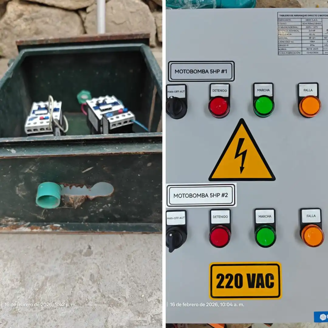 Modernización de sistema de control: antes tablero antiguo con cableado expuesto y después tablero nuevo de 220 VAC con señalización y protecciones modernas.